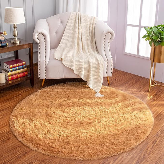 LOCHAS Luxury Round Fluffy Area Rugs for Bedroom Kids Girls Room Nursery, Super Soft Circle Rug, Cute Shaggy Carpet for Children Living Room, 4x4 Feet Khaki