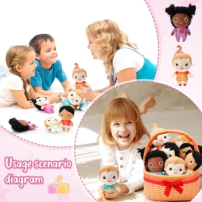 HyDren Basket Plush Baby Dolls, Set of 10 Soft Multicultural Sensory Dolls 6'' Plush Diversity Toys for Preschool Classroom, Easter Toddler Baby Toys for Kids Girls Boys All Ages