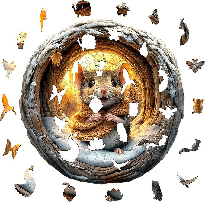 KAAYEE Wooden Puzzles for Adults 200 Pieces Visual 3D Wooden Jigsaw Puzzles Adult Animal Wood Puzzle Gifts for Mother's Day Adults Kids Mouse Puzzle(11.4 * 11.4in)