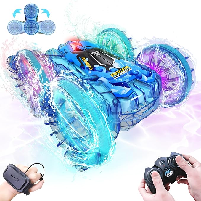 Amphibious Remote Control Car, 4WD Waterproof RC Car 360° Flips Rotation Hand Gesture Stunt RC Boat Pool Toy for Kids Ages 4-8, Lake Beach Water Toys Birthday Gifts for 5 6 7 8-12 Year Old Boys