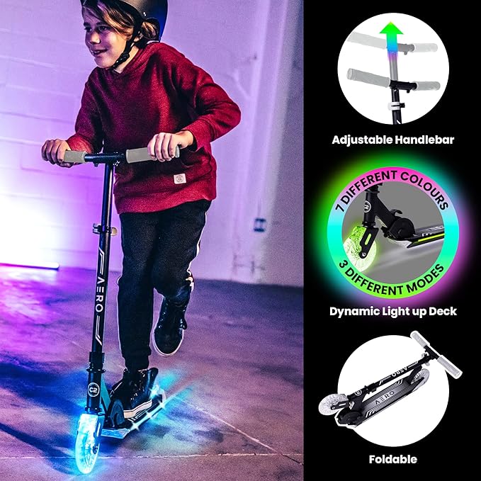 Aero 2 Wheel Kick Scooter for Kids Ages 5-7 or 5-8 or 6-10 or 6-12 with Dynamic Lights, Scooters for Boys and Girls 6 Years and Up with Light up Wheels and Deck