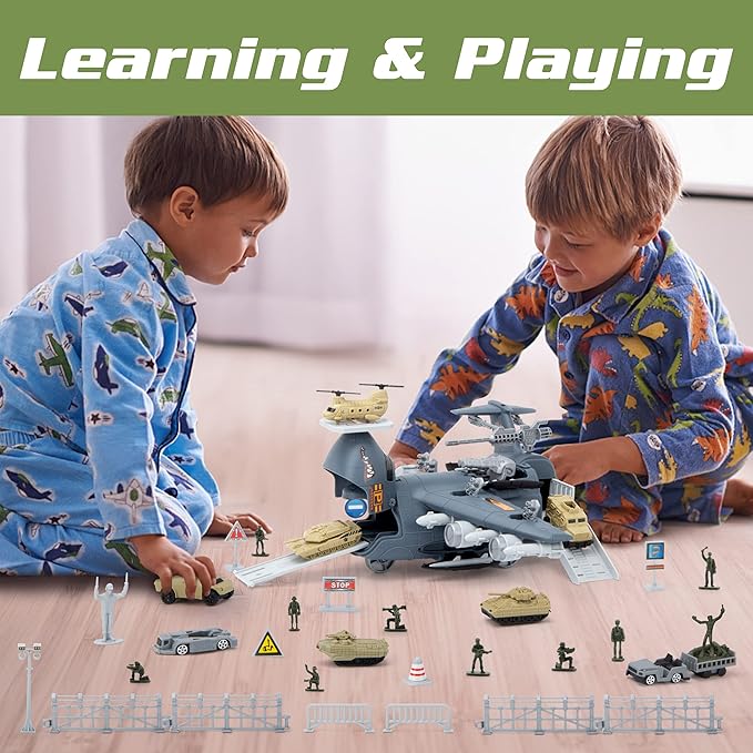 Military Airplane Toy, Army Toys Fighter Jet with 8 Vehicles, Army Men Trucks Airplanes Helicopter Car Kits Birthday Gift for Boys Age 4-7