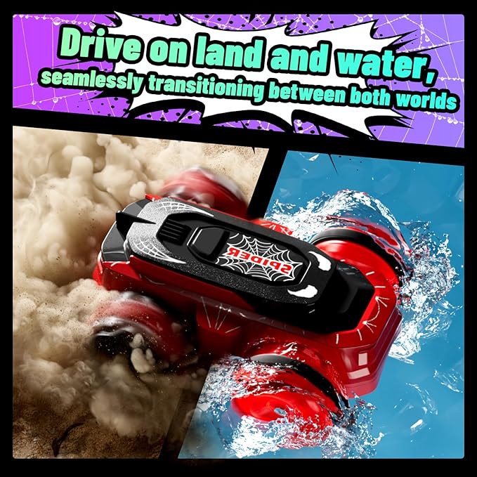 Spider Amphibious Remote Control Car, Waterproof Mini 4WD RC Car Fits Inside Remote, Dual Tires for Land & Water, 360°Spins, 50-Min Runtime W/ 2 Batteries, Boat Toy for Pool Lake Beach, Gift for Kids