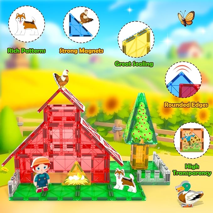 Magnetic Tiles Toys with Farm Animals for 3+ Year Old Toddler, Magnetic Blocks Building Toys for Kids Ages 3-5 5-7 Girls Boys, Classroom Must Haves