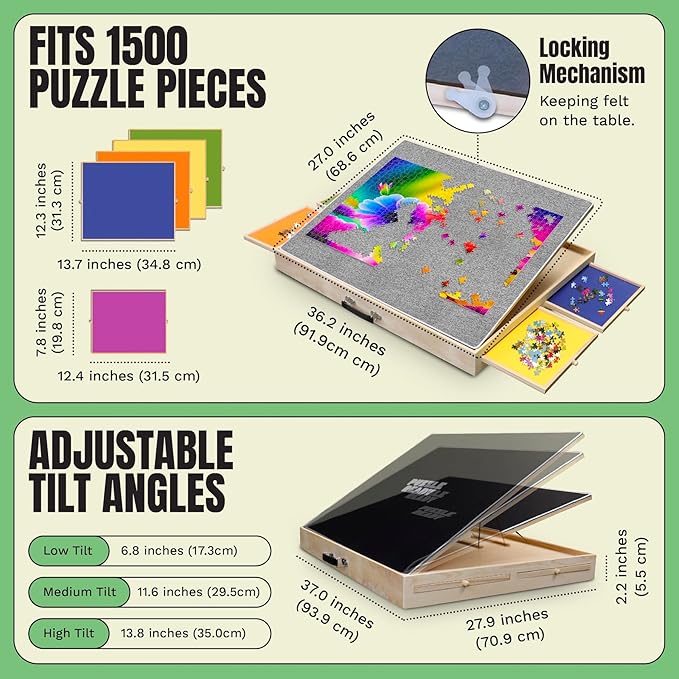 Puzzle Ready Puzzle Board with Tilting Drawers & Cover Mat - 1500-Piece Wooden Jigsaw Puzzle Table - 36″ x 27″ Portable Board with 3 Tilting Angles & Felt Working Surface