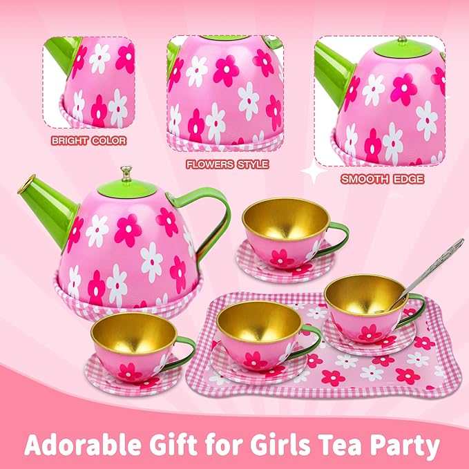 SMILESSKIDDO 46pcs Tea Party Set for Little Girls - Princess Tea Party Set,Kids Kitchen Pretend Play Toys - Toddler Tea Party Sets for Girls 3-5, Girls Tea Party Set Gift for 3 4 5 6 7 8 Girl(Flower)
