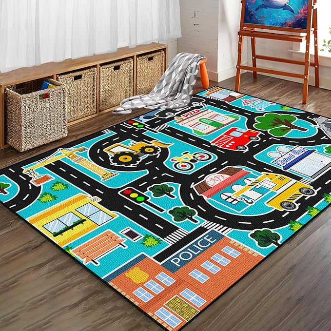 Car Rug Play Mat - Kids Play Carpet City Life Road Map Rug Educational Traffic Track Car Mat for Kids Toy Cars Carpet for Bedroom Playroom Classroom Decor 2.5x4 Feet
