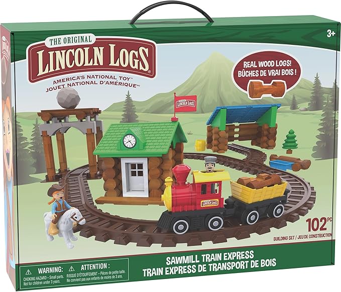 LINCOLN LOGS-Sawmill Express Train - 101 Parts - Real Wood Logs - Buildable Train Track-Ages 3+ - Best Retro Building Gift Set for Boys/Girls-Creative Construction Engineering-Preschool Education Toy