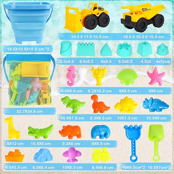 Beach Toys, 31Pcs Sand Toys with 2 Construction Vehicle and 2 Collapsible Beach Bucket, Sand Castle Building Kit, Sand Molds, Shovel Set, Mesh Bag, Summer Toys for Kids Ages 4-8