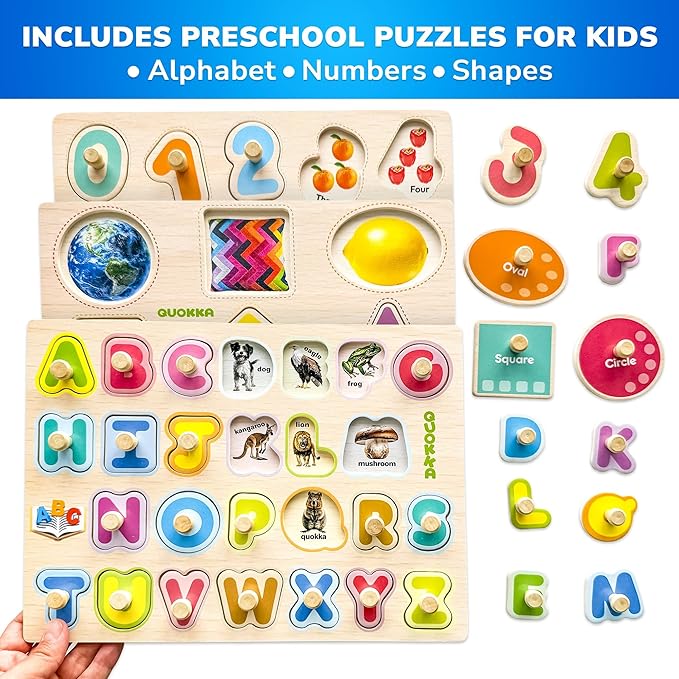 QUOKKA Wooden Puzzles for Toddlers 1-3 - 8XSET Toddler Puzzles Ages 2-4 with Rack - Learning Alphabet, Numbers and Animals Toy Puzzles for Toddlers 3-5 - Wood Games Gift for Boys and Girls