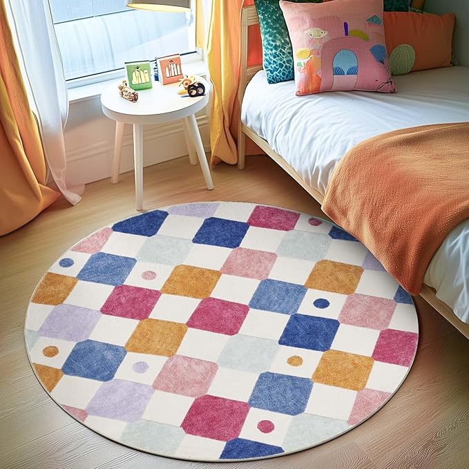 jinchan Round Rug 4ft Kids Washable Rug Colorful Trellis Indoor Floor Cover Non Slip Soft Modern Living Room Diamond Carpet for Nursery Room Bedroom Playroom Berries on Cream