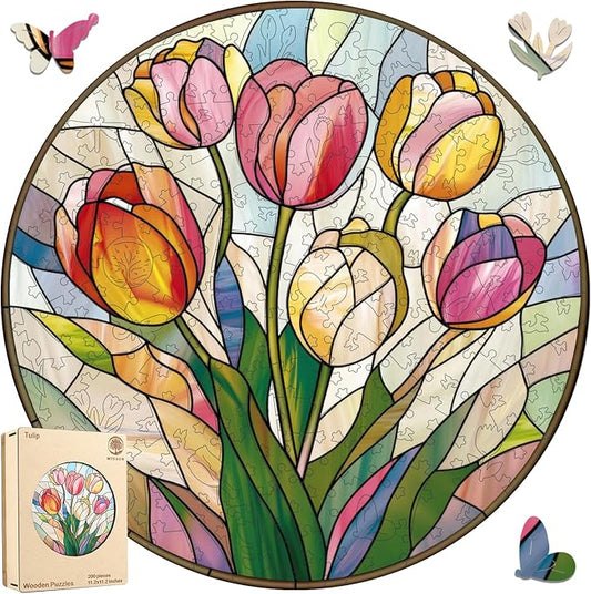 Puzzles for Adults, Tulip Wooden Puzzles 200 Pieces, 5MM Thick Unique Shaped Flower Plant Jigsaw Puzzles Birthday Gifts for Kids Family Game 11.2 * 11.2inch