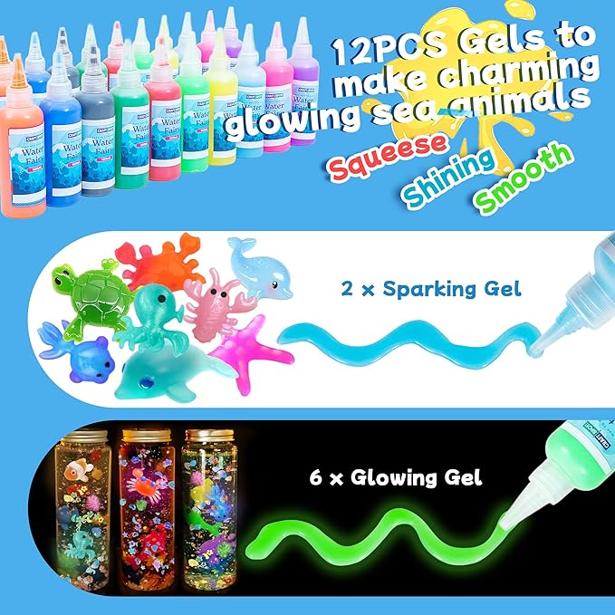 Make 3 Sensory Bottle, Glow-in-The-Dark Magic Gel Water Fairy Toy, DIY 100+ Aqua Water Squishy kit with 18 Shape Molds, 100ml Gels, 5L Bucket, Shell, Glitter, Pom-Poms, Arts Crafts for Kids