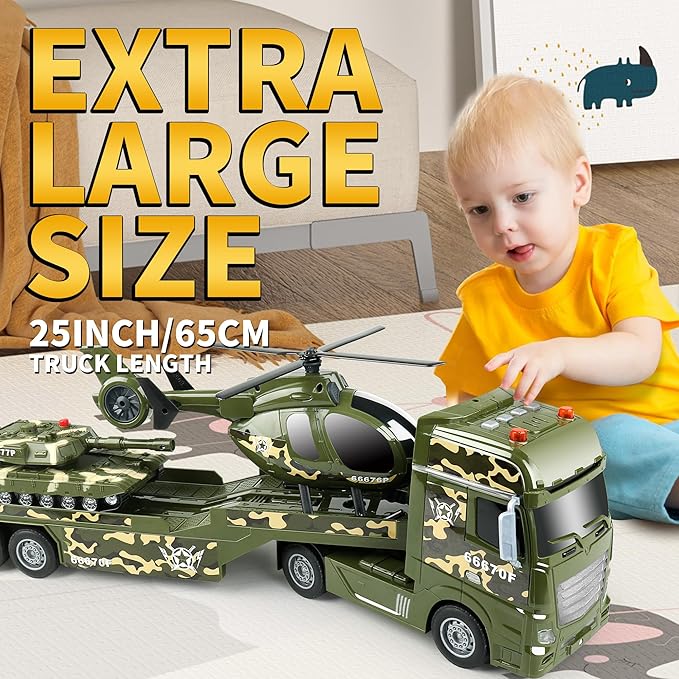 Dwi Dowellin Green Military Big Truck Toys,25.6" Semi Truck Toy with Helicopters and Tank,Army Toys with Lights & Sounds,Birthday Gift for 2 3 4 5 Years Old Boys and Girls