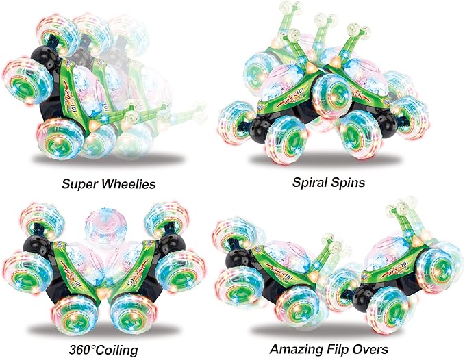 Rechargeable RC Tornado Stunt Car – 360° Flip Remote Control Turbo Twister Vehicle with Lights & Music | Double-Sided Spinning Car Toy for Toddlers Kids Boys Girls (Green)