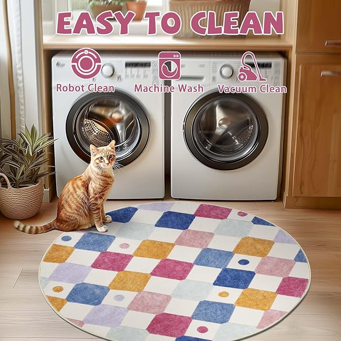 jinchan Round Rug 4ft Kids Washable Rug Colorful Trellis Indoor Floor Cover Non Slip Soft Modern Living Room Diamond Carpet for Nursery Room Bedroom Playroom Berries on Cream