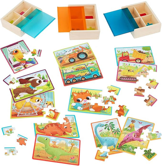 B. toys- Pack o' Puzzles 3-Pack - Pets, Dinos & Trucks- Wooden Puzzle Box Set – 3 Puzzle Boxes, 12 Puzzles – 4 Dinos, 4 Pets, 4 Trucks – 12-Piece Jigsaw Puzzles for Kids – 3 Years +