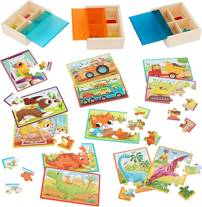 B. toys- Pack o' Puzzles 3-Pack - Pets, Dinos & Trucks- Wooden Puzzle Box Set – 3 Puzzle Boxes, 12 Puzzles – 4 Dinos, 4 Pets, 4 Trucks – 12-Piece Jigsaw Puzzles for Kids – 3 Years +