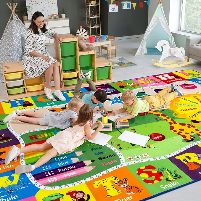 Playroom Rug Baby Play Mat for Floor ABC Rug for Kids Educational and Fun Playmat with Alphabet Animals Shapes Colors 5x7 Area Rug Learning Rugs for Toddler Children Game Activity