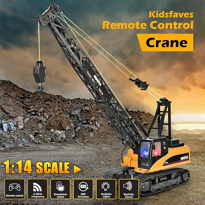 15 Channel Remote Control Crane Toy,Proffesional Series,1:14 Scale-Rechargeable Battery RC Construction Toy Crane-Heavy Duty Metal Hook, with Lights Sounds for Boys & Girls 8-12
