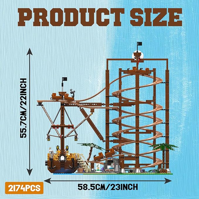 Roller-Coaster Building Set, Motorized Electric Pirate Ship Track, City Amusement Park Toy for Boy Girl Ages 6 7 8 9+, Birthday Gifts for Adult Kid Teen, Theme Construction Collection 2174pcs