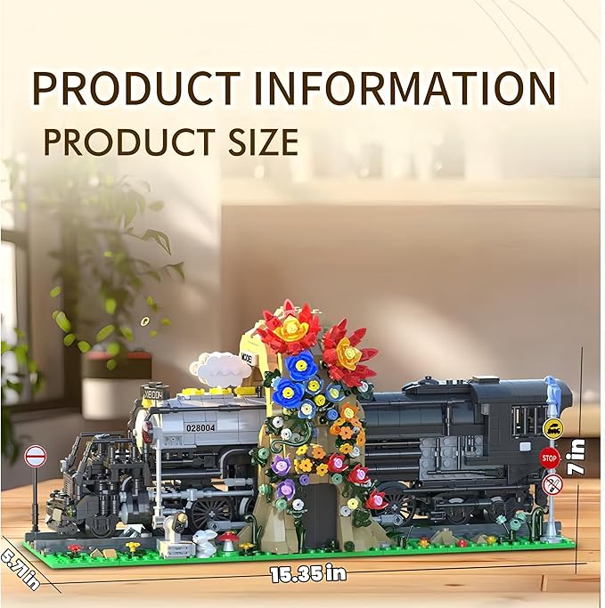 Big Black Steam Train Building Blocks Kits，Creative Flower Train Bookshelf ，1848 Pcs，Room Office Decoration，Gifts for Boys and Girls