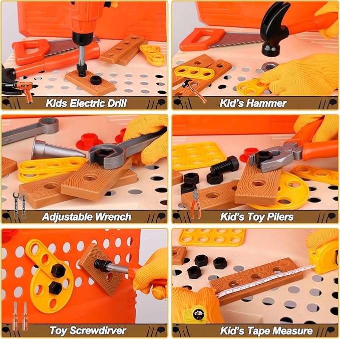 Kids Tool Bench Set,MAGIC4U 95PCS Toddler Tool Workbench with Electronic Drill 13 Tool Equipements,Safety Vest & Hat,Pretend Play Kids Construction Toys Gift for Boys Girls Age 3,4,5,6,7,8