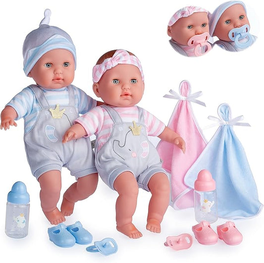 Berenguer Boutique 30050 TWINS- 15” Soft Body Baby Dolls - 12 Piece Gift Set with Open/Close Eyes- Perfect for Children 2+