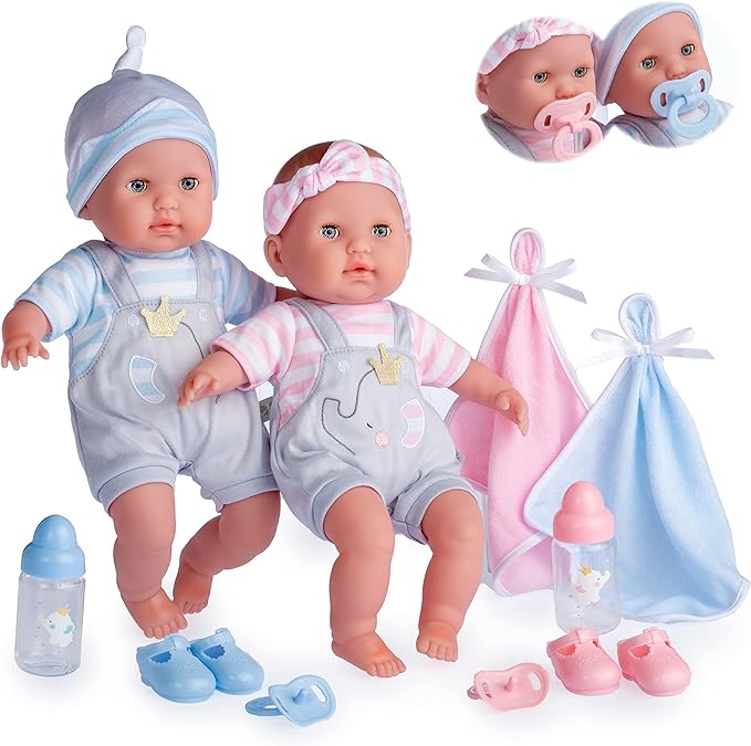 Berenguer Boutique 30050 TWINS- 15” Soft Body Baby Dolls - 12 Piece Gift Set with Open/Close Eyes- Perfect for Children 2+