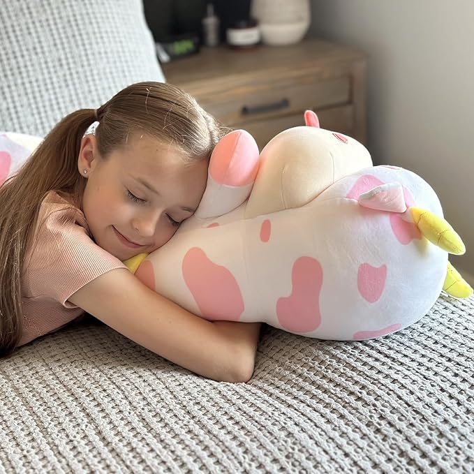 Long Cow Body Pillow 43.3Inch Cow Body Pillow, Pink Cow Stuffed Animal Glow in The Dark, Strawberry Cow Pillow with Heart for Kids Girlfriend,Birthday, Thanksgiving, Christmas Pillow Gift
