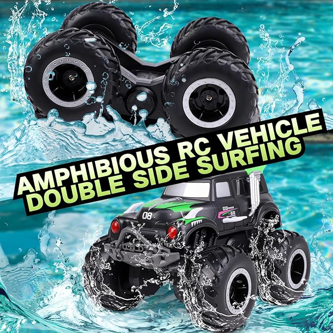 Amphibious Remote Control Cars, 1/20 Stunt RC Rock Crawler Monster Truck Toy with Two Alternative Rechargeable Batteries, All-Terrain 4WD Off-Road Vehicle Toys Gift for Kids Age 8-12 Green
