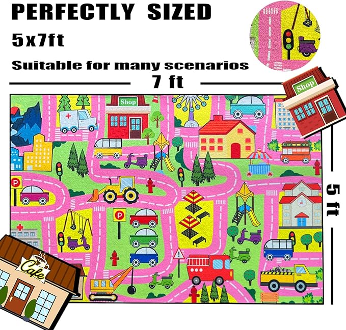 Car Track Rug - Car Rugs for Kids Toy Cars City Life Road Rug Large Kids Play Mat Car Carpet for Boys Girls Playroom Living Room Bedroom Classroom, 5'×7'
