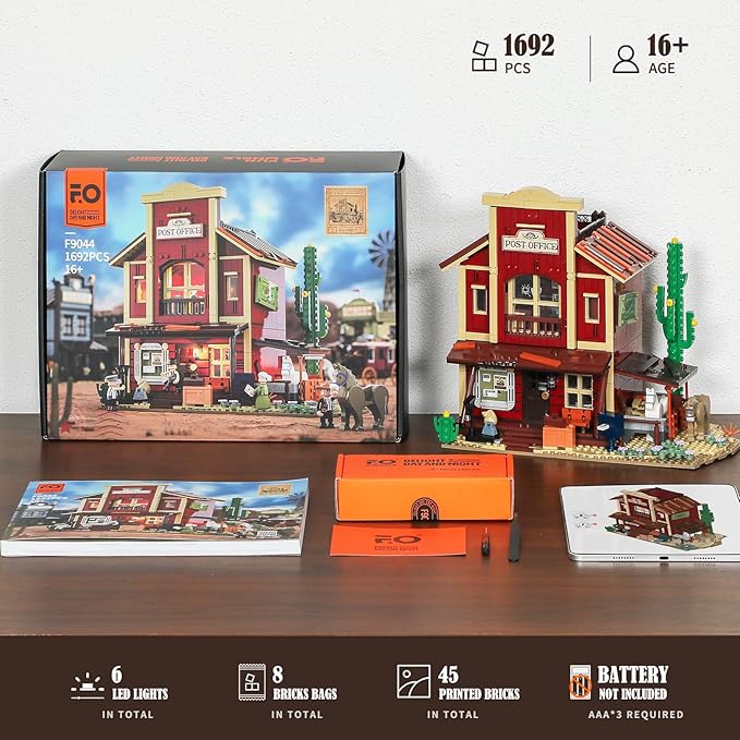 FUNWHOLE Old West Post Office Lighting Building-Bricks Set - 1692 Pcs The Wild West Town Collection Display Set for Adults and West Lovers