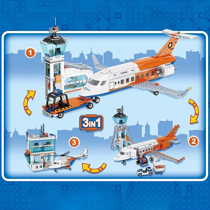 3 in 1 City Fire Station,Fire Engine Building Toy Set with Truck,Firehouse Headquarters,Brigade Rescue Plane Toy for Kids and Fans of Firefighter Toys, Fun Gift Idea.Comes with 4 Figures.