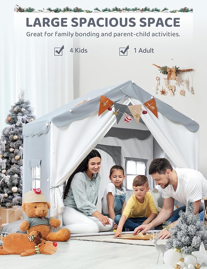 Besrey 2-in-1 Kids Playhouse with Padded Mat and Lights, Large Play Tent with 2 Doors & 4 Windows, Indoor & Outdoor, Toddler Tent, 51" x 35" x 51" (Gray)