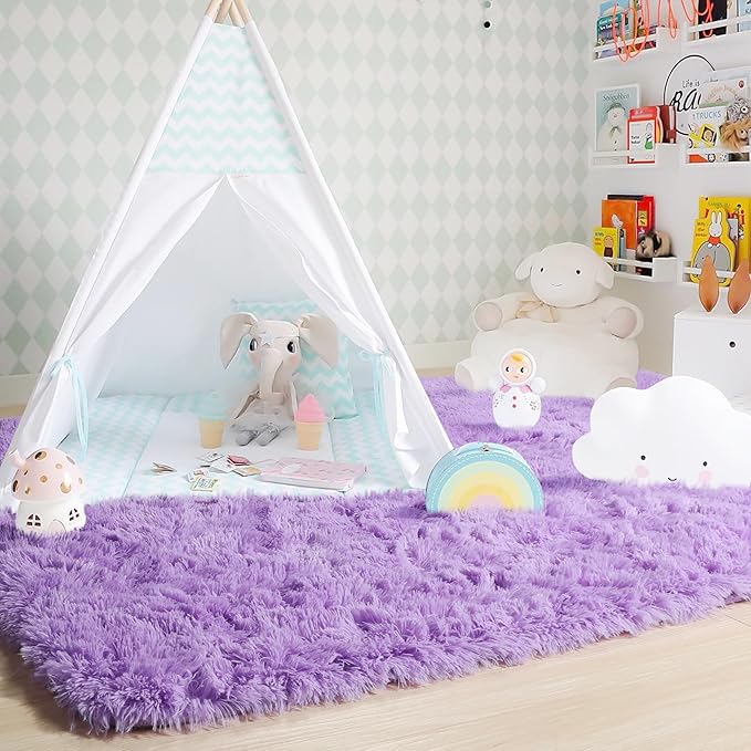 Purple Area Rug for Bedroom,4'X6', Fluffy Shag Rug for Living Room, Furry Carpet for Kids Room, Shaggy Throw Rug for Nursery Room, Fuzzy Plush Rug, Purple Carpet, Rectangle, Cute Room Decor for Baby