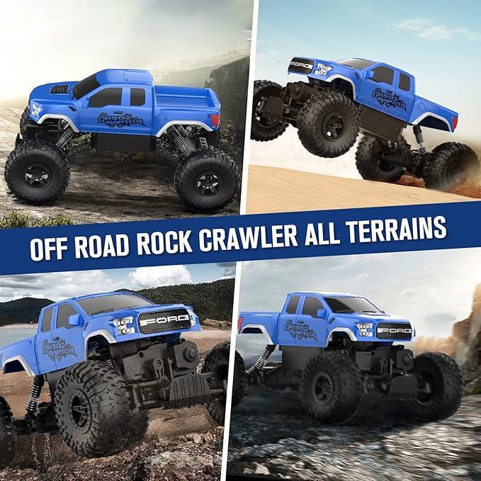 DOUBLE E Ford Raptor F150 RC Car 4WD 2 Motors Monster Trucks for Boys, 11 Inches Off Road Crawler Vehicle Truck Toy for Kids, Blue