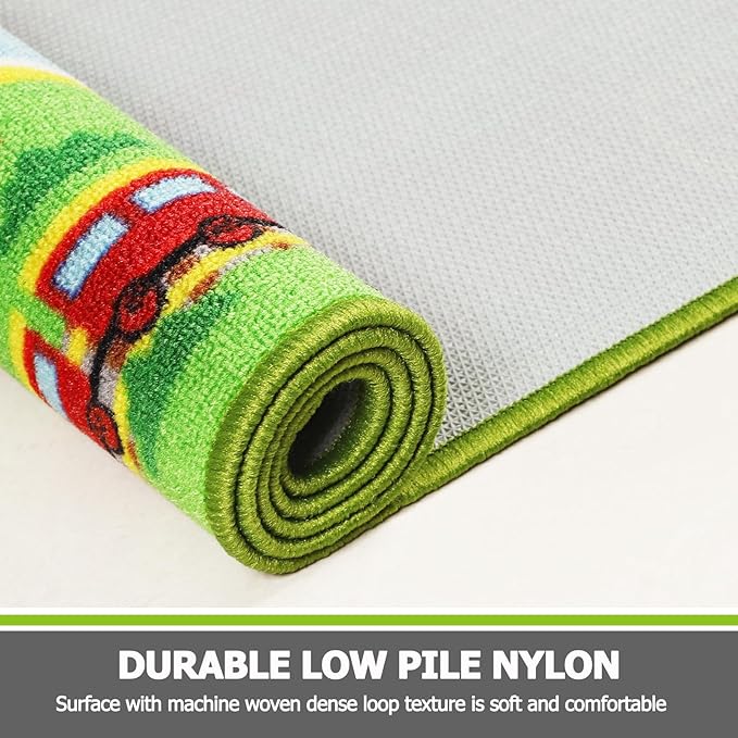 Capslpad Kids Rug 6'6" x 5'0" Educational Learning Kids Play Area Rug Large Traffic Road Cars Rug Play Mat for Kids Toy Nursery Rug Car Carpet for Playroom Living Room Classroom Decor Green