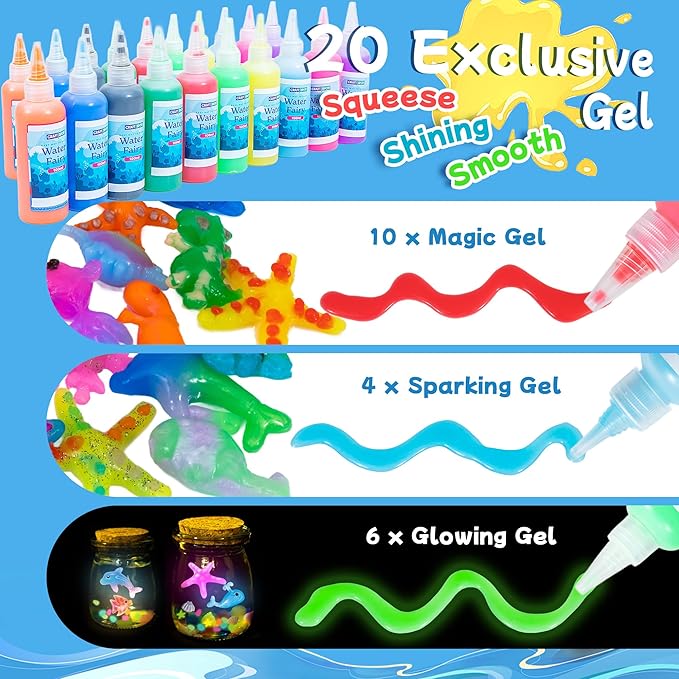 116PCS Magic Glow-in-The-Dark Gel Water Fairy Toy, Aqua DIY Elf Set with 18 Shape Molds, 100ml Gels, Water Squishy Kit, Make 150+ Water Animals,Christmas Birthday Gift, Arts Crafts STEM Kit for Kid