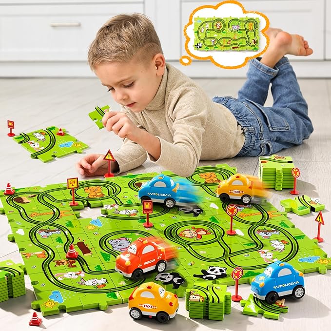 64 PCS Puzzle Race Track Car Set Toys for Kids Boys, Puzzle Tracks Car Toys for Boys Ages 3-5 4-6, Toddler Toys Gifts for 3 4 5 Year Old Boys, Ideal 3 4 5 6 Year Old Boys Birthday Gifts