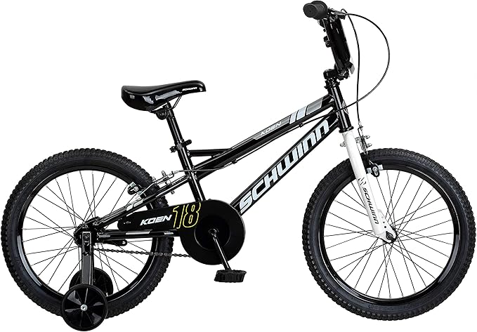 Schwinn Koen BMX Style Toddler and Kids Bike, For Girls and Boys, 18-Inch Wheels, With Training Wheels, Chain Guard, and Number Plate, Recommended Height 42-52 Inch, Black