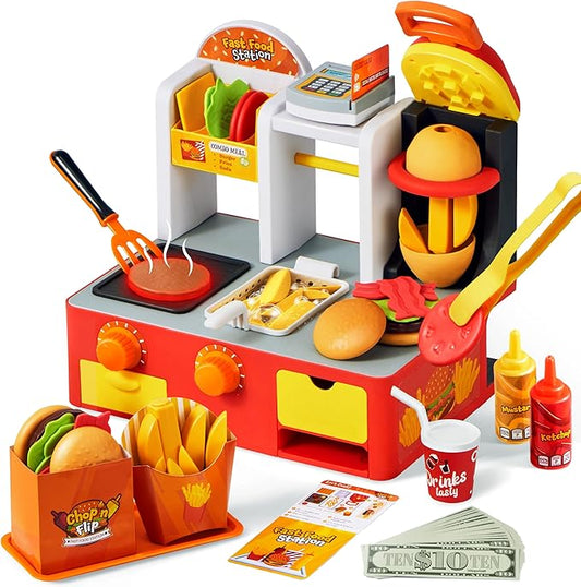 Play Kitchen Toddler Toy - 40+ PCS Fast Food Station with Potato Cutter, Simulated Frying Effect & Lights, Order & Drink Station - Pretend Play Food Toy Birthday Gift for Boys Girls