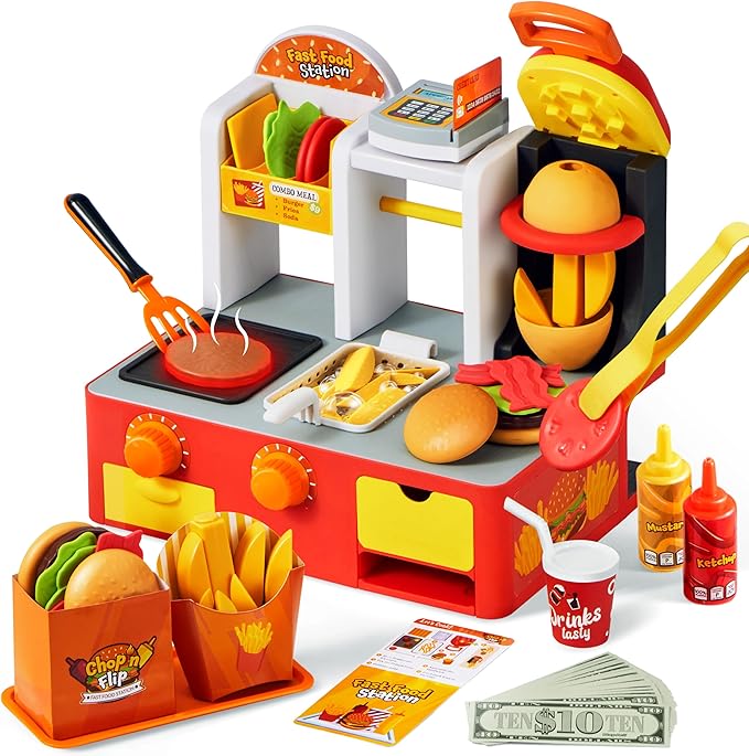 Play Kitchen Toddler Toy - 40+ PCS Fast Food Station with Potato Cutter, Simulated Frying Effect & Lights, Order & Drink Station - Pretend and Play Food Toy Birthday Gift for Boys Girls