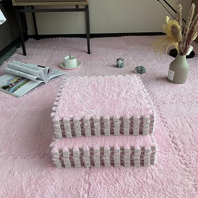Interlocking Carpet Shaggy Soft EVA Foam Mats Fluffy Area Rugs Protective Floor Tiles Exercise Play Mat for Children Kids Room Home Parlor Bedroom (12 pcs, Light Pink)