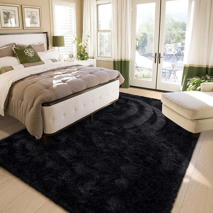 Amearea Premium Soft Fluffy Area Rug Modern Shag Carpet, 3x5 Feet, Fuzzy Shaggy Rugs for Bedroom Living Room Teen Apartment Decor, Comfortable Indoor Furry Dorm Carpets, Black