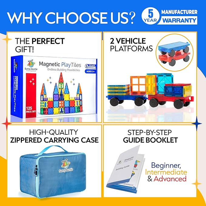 Magnetic Tiles 125 PCS+ Bonus Zippered CASE, Kids Toy for 3 4 5 6 7 8 Year Old Boys & Girls, Magnetic Tiles Building Set, Great Gift for Kids Aged 3-8, XL Set