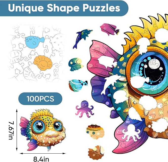 Fish Wooden Puzzles for Kids,100 Pieces Unique Shaped Jigsaw Puzzles for Adults and Children,Family Game,Birthday and Children's Day Gifts,7.67x8.4 Inches