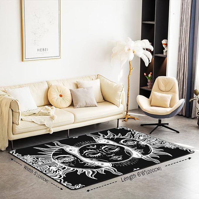 Erosebridal Sun and Moon Area Rug 5x6'6'' Boho Exotic Style Rugs for Adult Women Teens Black White Bohemian Mandala Decor Down, Bohemian Botanical Floral Non Slip Decorative Rug