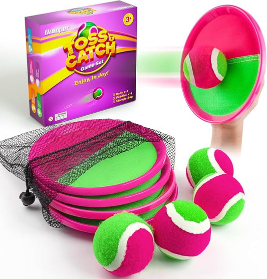 Kids Outdoor Toys - Toss and Catch Game Set, Outside Yard Camping Beach Pool Toys Games for Boys Girls 3 4 5 6 7 8 9 10 Year Old, 4 Paddles 4 Balls (Pink+Pink)