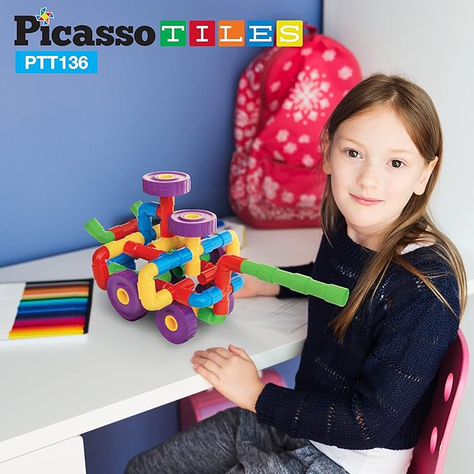 PicassoTiles PTT136 136pcs Tubular Pipes & Spout STEAM Interlocking Educational Building Block Set, Tube Locks, Pipeworks Construction Blocks w/Storage Container Box, Idea Book, Flute Musical Kit